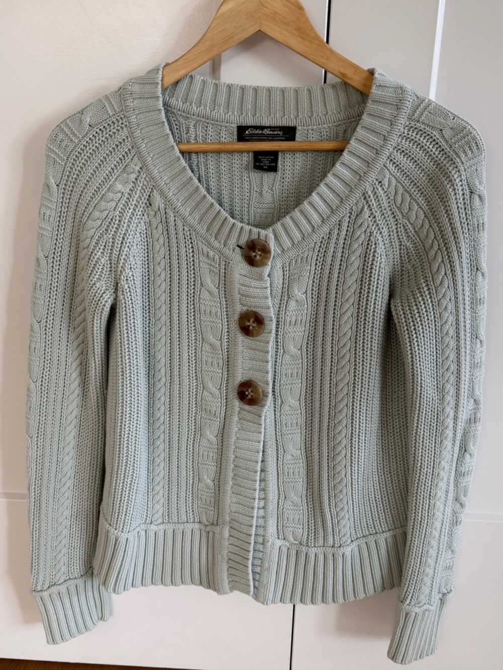 Eddie Bauer Seafoam/Mint Green Cable Knit Cardigan Sweater - 100% Cotton - M